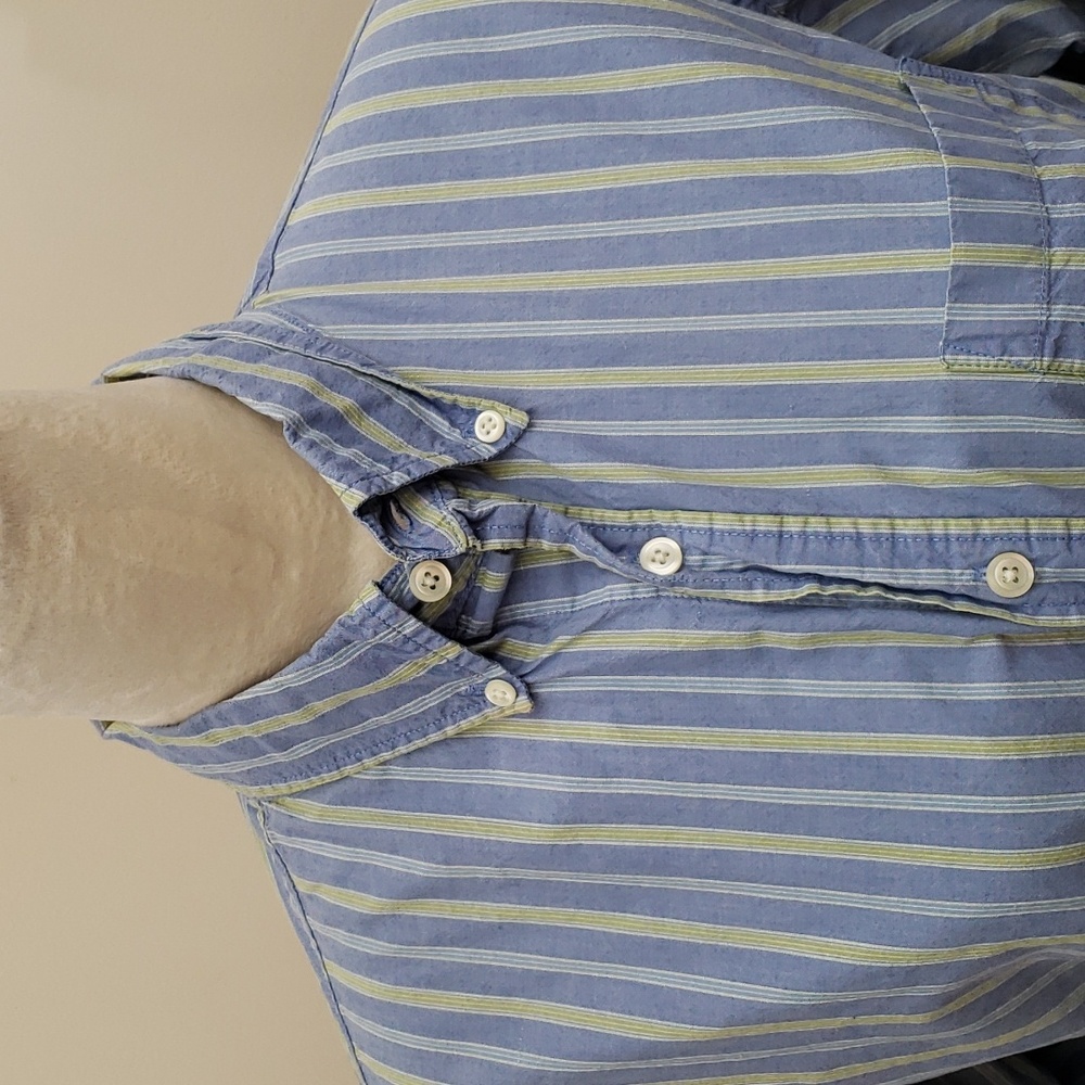 Cherokee Blue and Green Striped Long Sleeve Button Down Men's Shirt, Size Medium